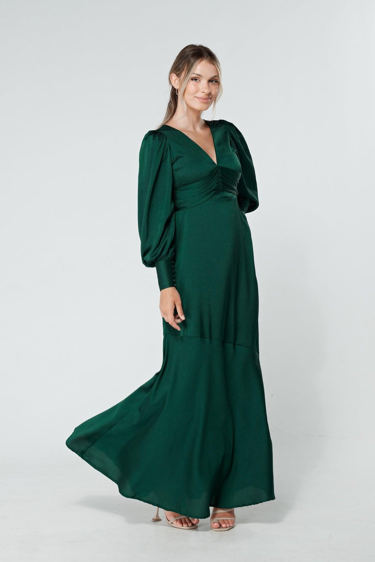 Naomi Dark Green Light Satin-Crepe Maxi Dress With Long Sleeves - TAHLIRA