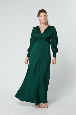 Naomi Dark Green Light Satin-Crepe Maxi Dress With Long Sleeves - TAHLIRA