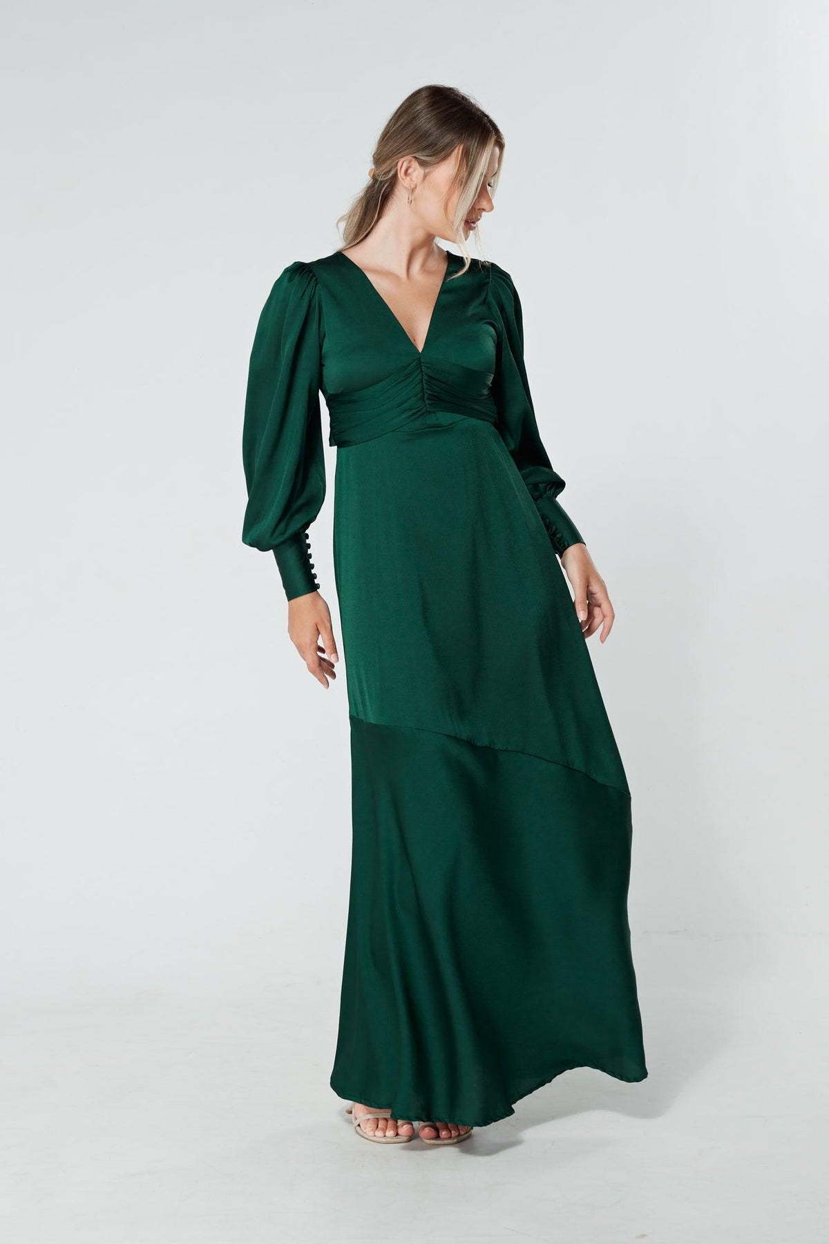 Naomi Dark Green Light Satin-Crepe Maxi Dress With Long Sleeves - TAHLIRA