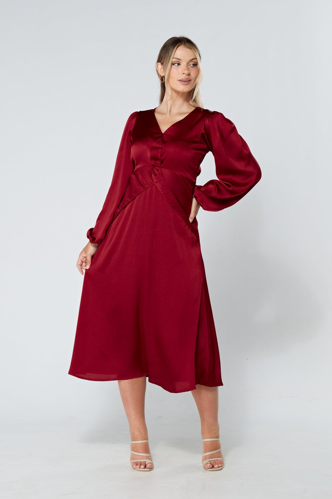 Calissa Deep Red Satin-feel Folded Body Midaxi Dress - TAHLIRA