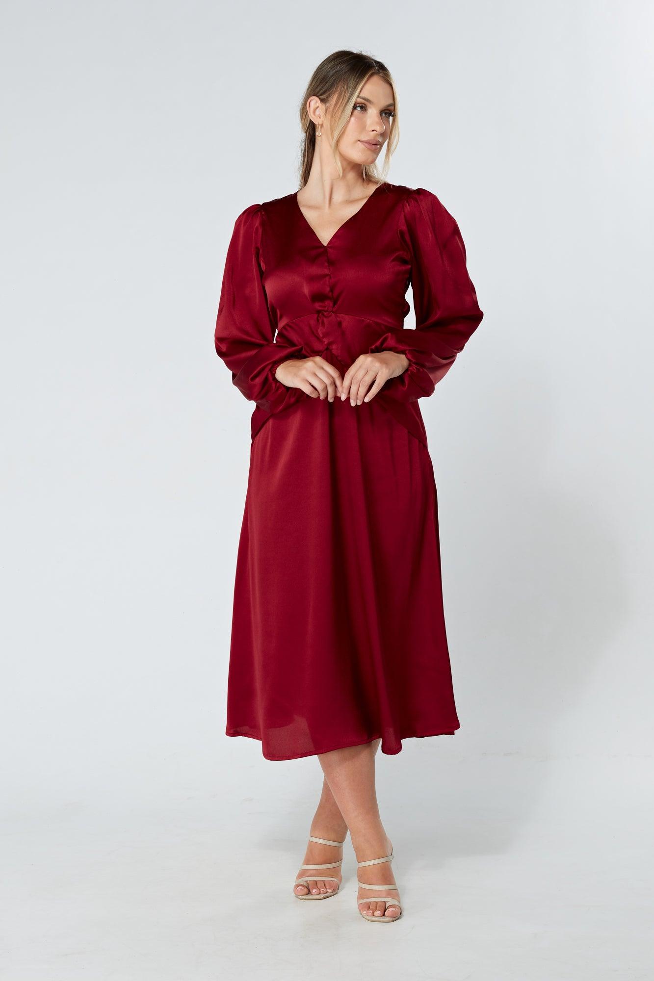 Calissa Deep Red Satin-feel Folded Body Midaxi Dress - TAHLIRA