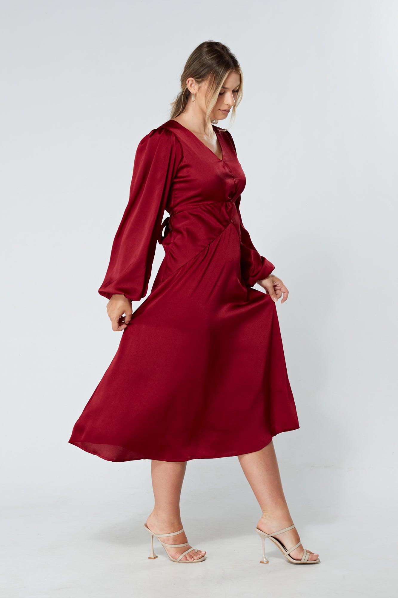 Calissa Deep Red Satin-feel Folded Body Midaxi Dress - TAHLIRA