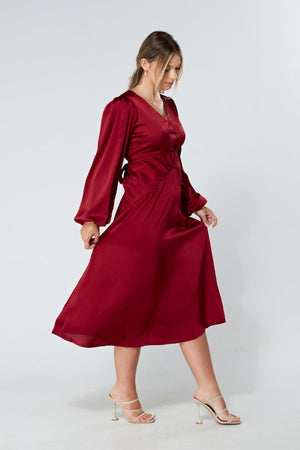 Calissa Deep Red Satin-feel Folded Body Midaxi Dress - TAHLIRA