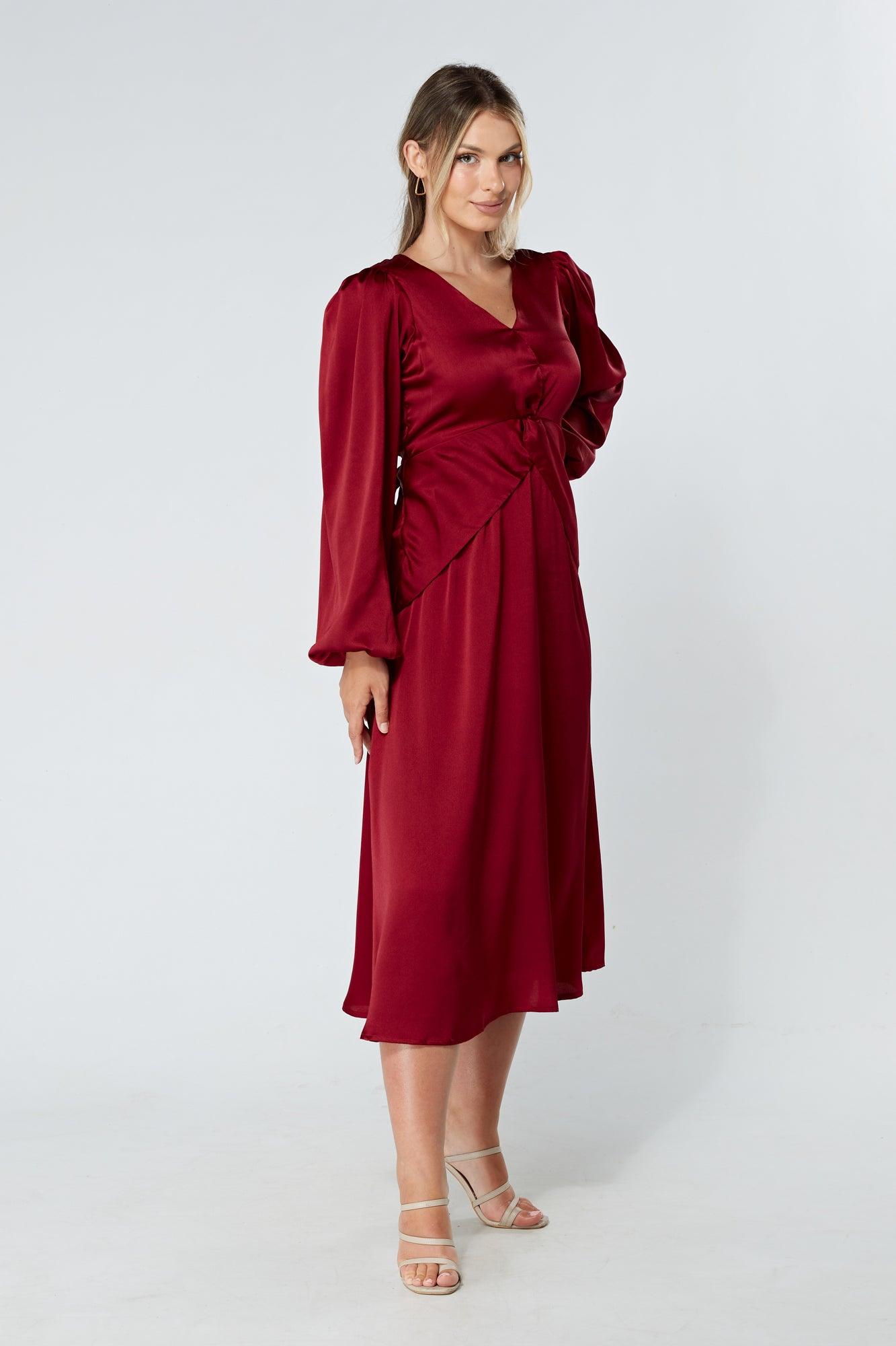 Calissa Deep Red Satin-feel Folded Body Midaxi Dress - TAHLIRA