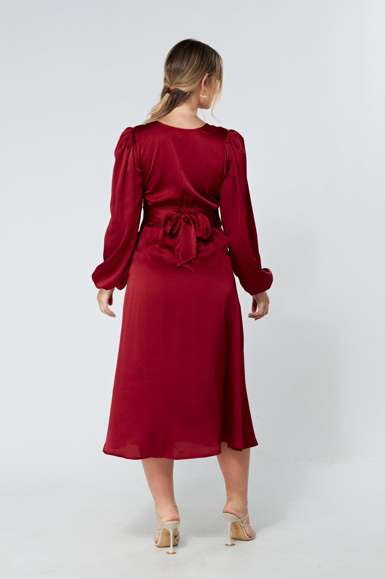 Calissa Deep Red Satin-feel Folded Body Midaxi Dress - TAHLIRA