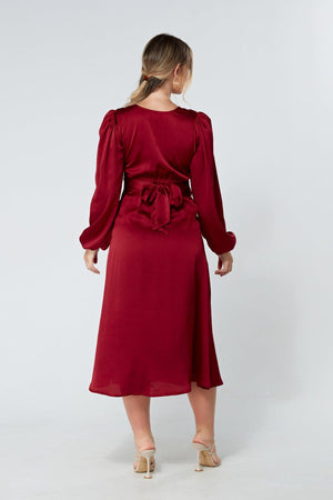Calissa Deep Red Satin-feel Folded Body Midaxi Dress - TAHLIRA