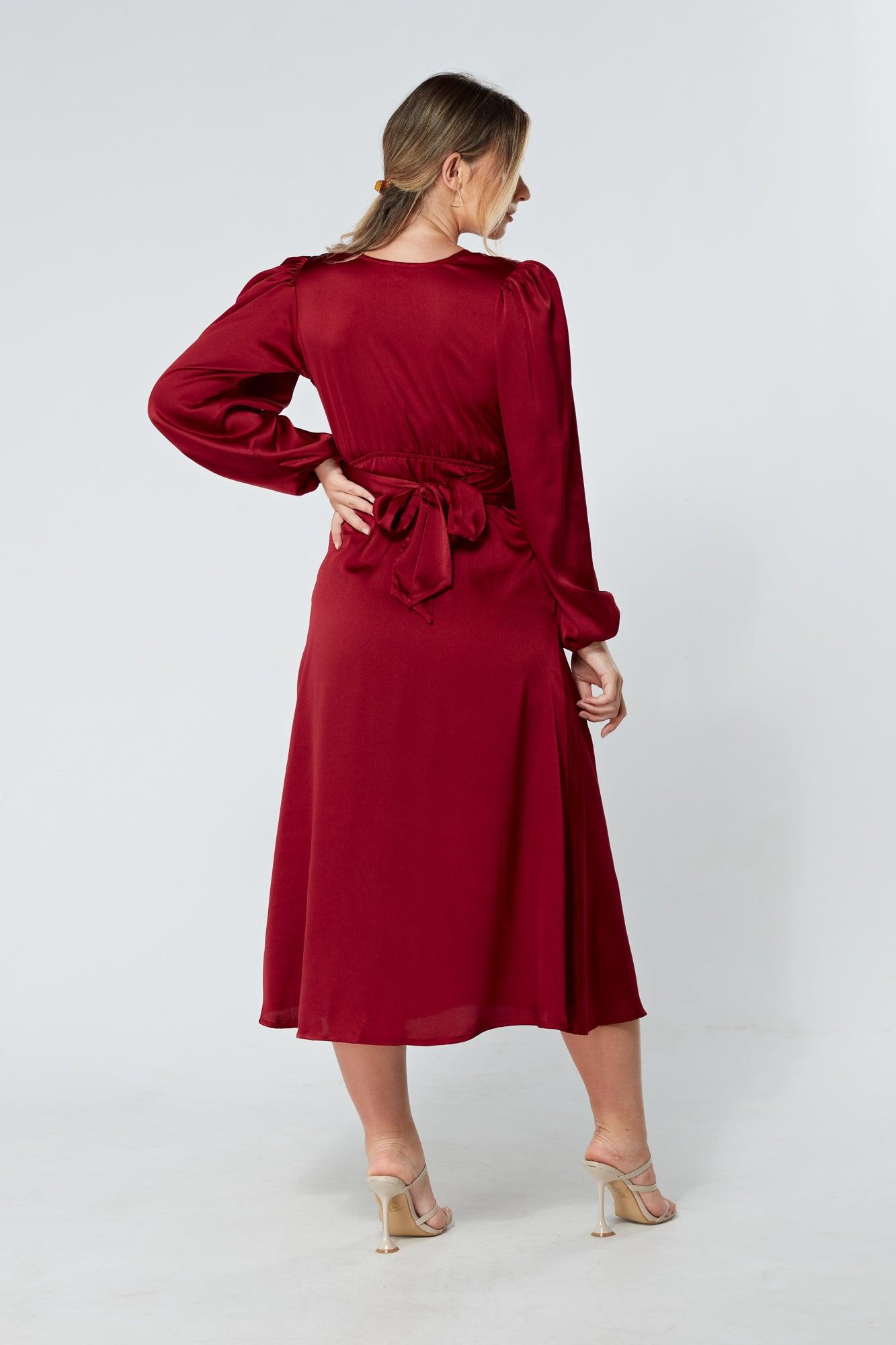 Calissa Deep Red Satin-feel Folded Body Midaxi Dress - TAHLIRA