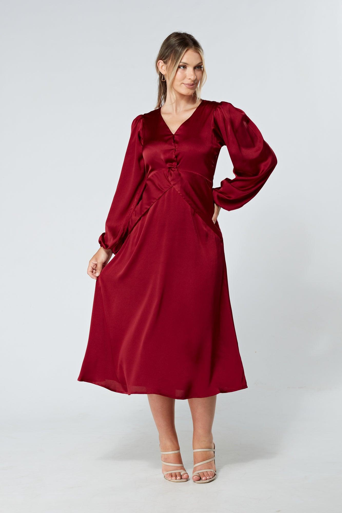 Calissa Deep Red Satin-feel Folded Body Midaxi Dress - TAHLIRA