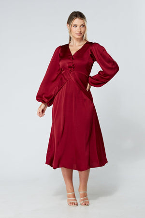 Calissa Deep Red Satin-feel Folded Body Midaxi Dress - TAHLIRA
