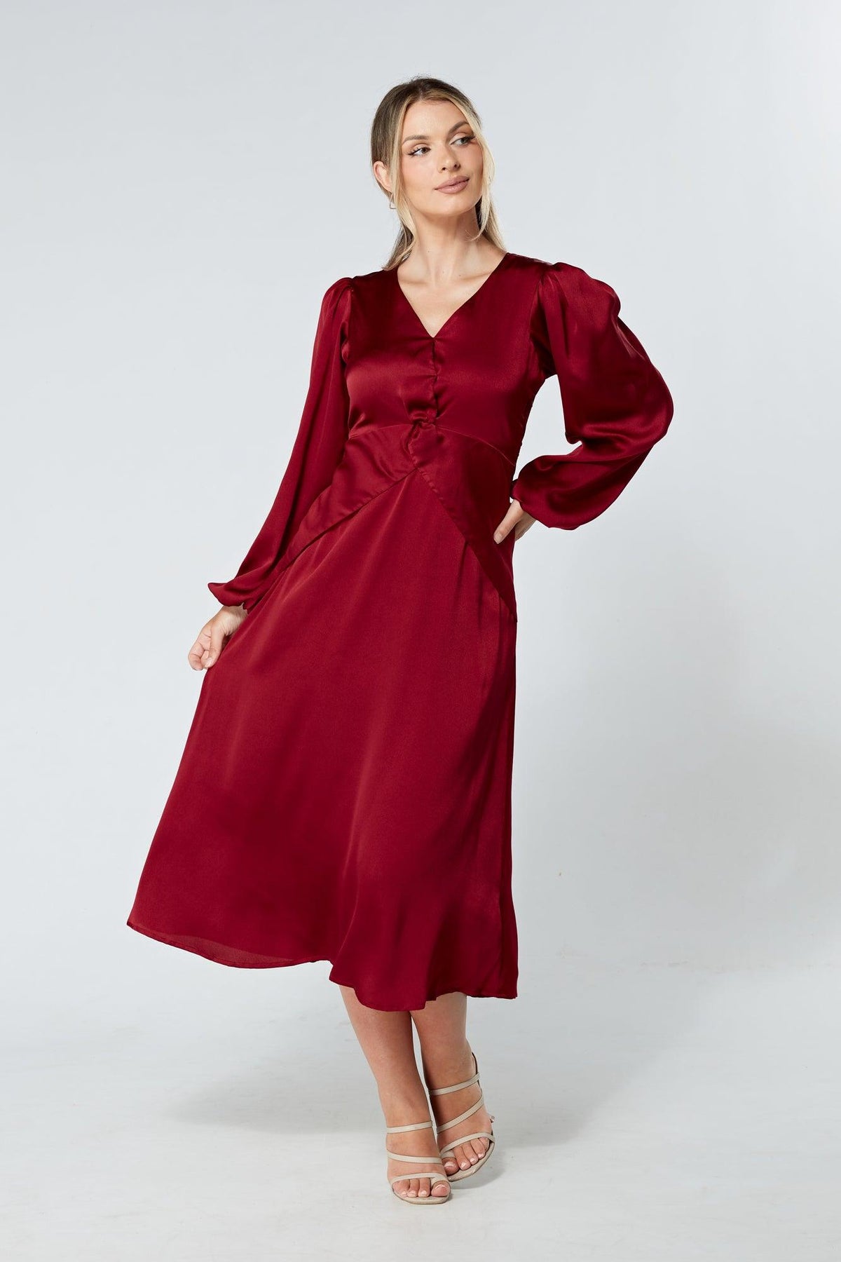 Calissa Deep Red Satin-feel Folded Body Midaxi Dress - TAHLIRA