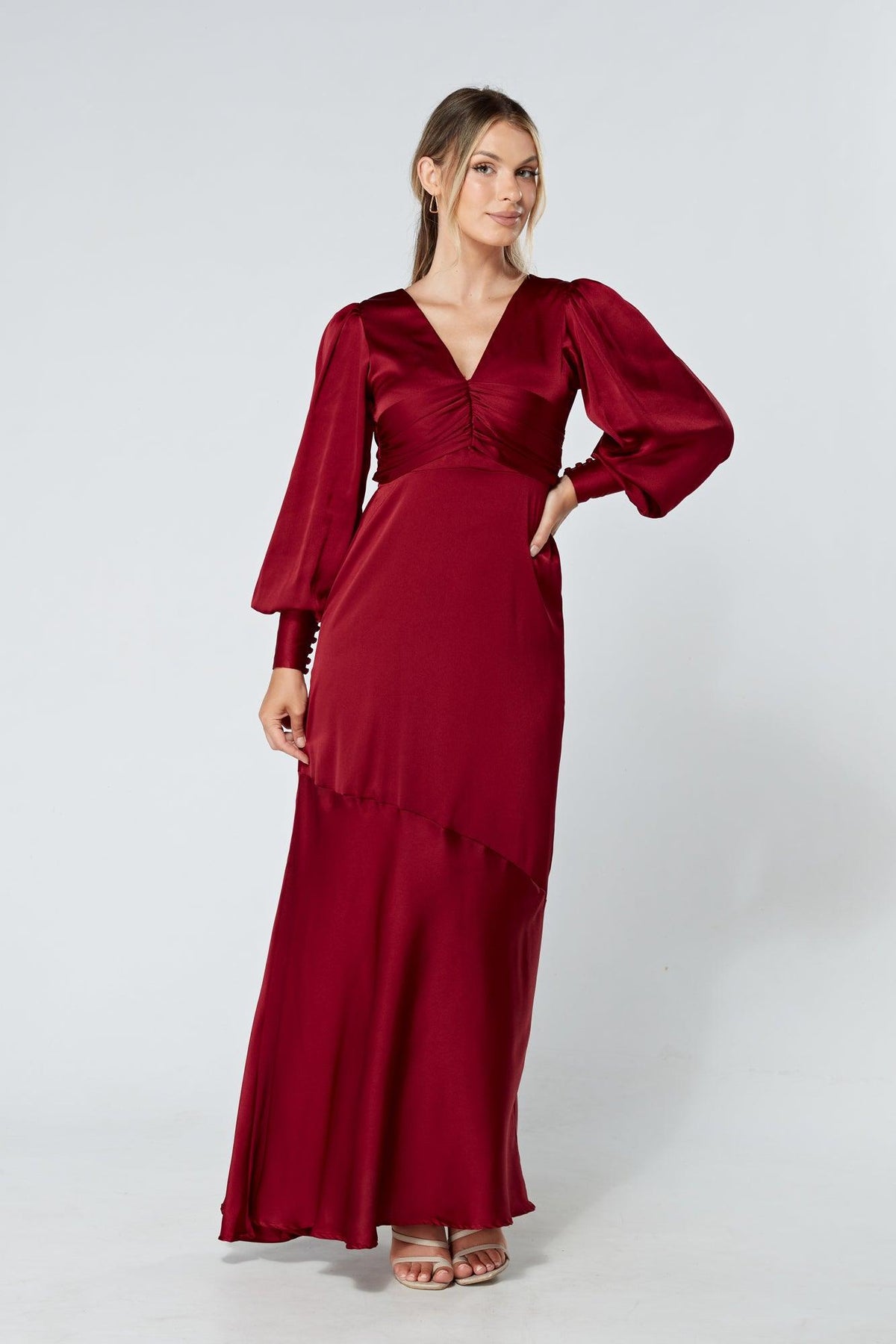 Naomi Deep Red Light Satin-Crepe Maxi Dress With Long Sleeves - TAHLIRA