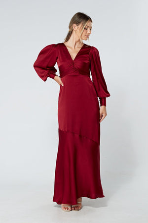 Naomi Deep Red Light Satin-Crepe Maxi Dress With Long Sleeves - TAHLIRA