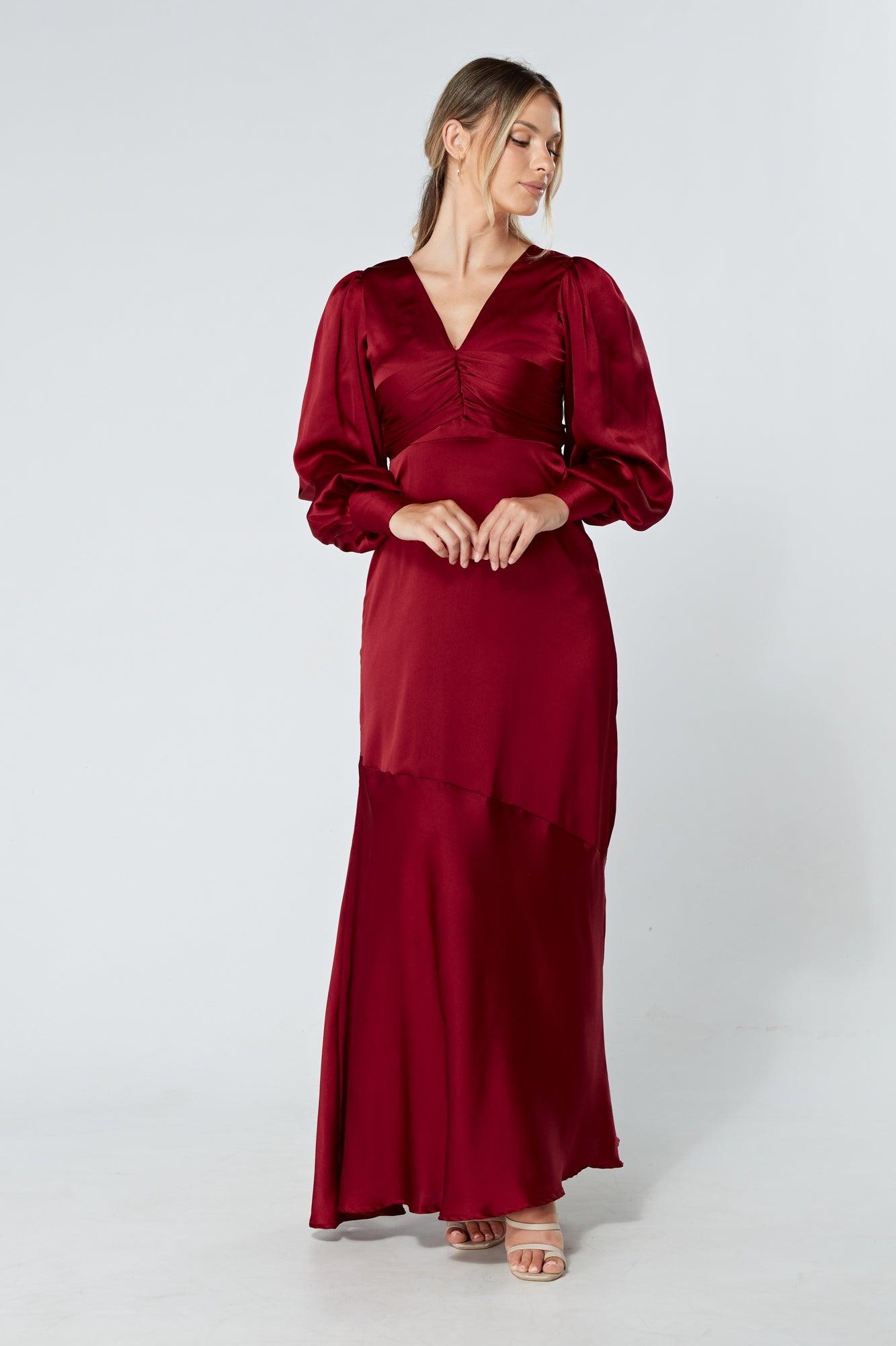 Naomi Deep Red Light Satin-Crepe Maxi Dress With Long Sleeves - TAHLIRA