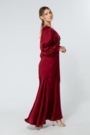 Naomi Deep Red Light Satin-Crepe Maxi Dress With Long Sleeves - TAHLIRA