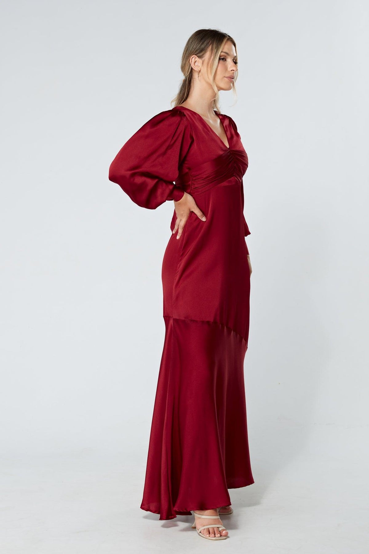 Naomi Deep Red Light Satin-Crepe Maxi Dress With Long Sleeves - TAHLIRA