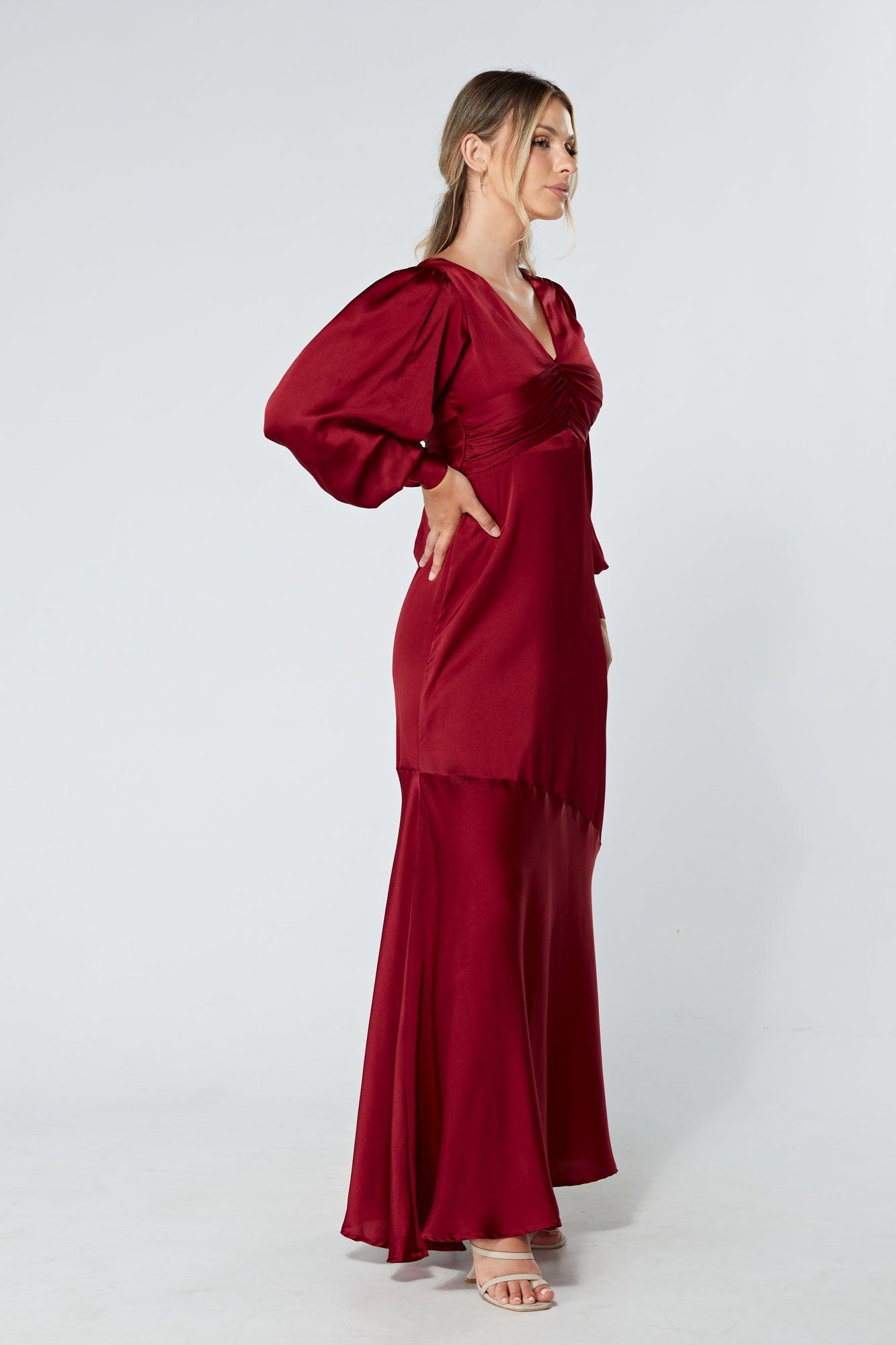 Naomi Deep Red Light Satin-Crepe Maxi Dress With Long Sleeves - TAHLIRA