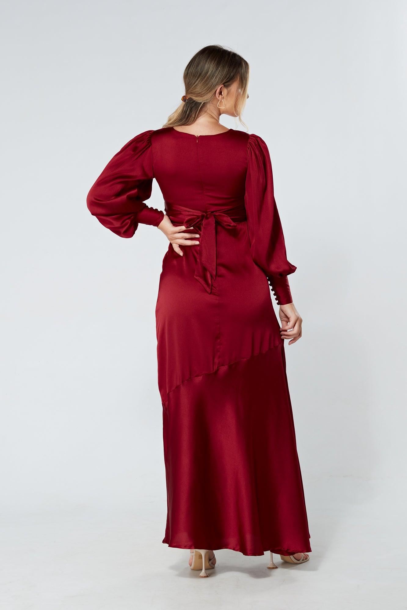 Naomi Deep Red Light Satin-Crepe Maxi Dress With Long Sleeves - TAHLIRA