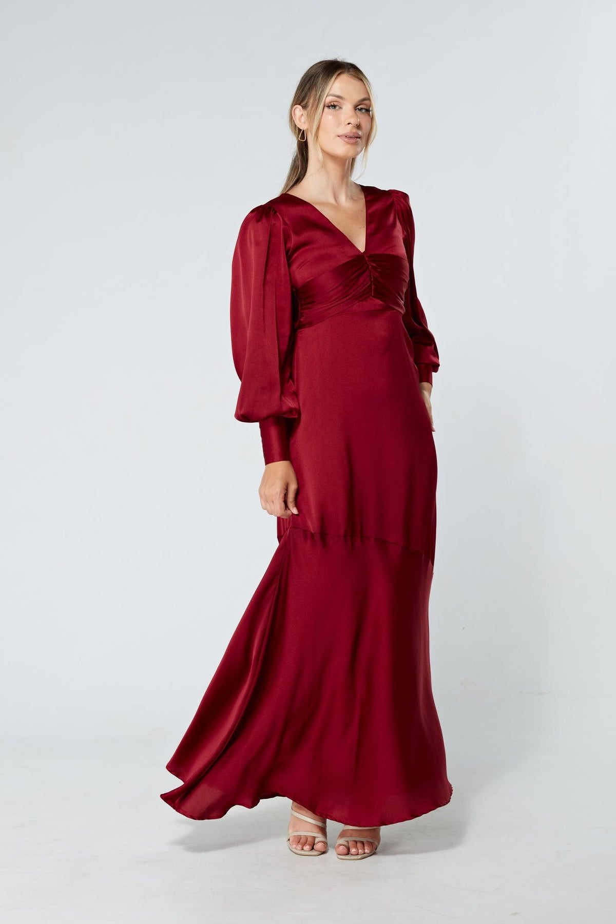 Naomi Deep Red Light Satin-Crepe Maxi Dress With Long Sleeves - TAHLIRA