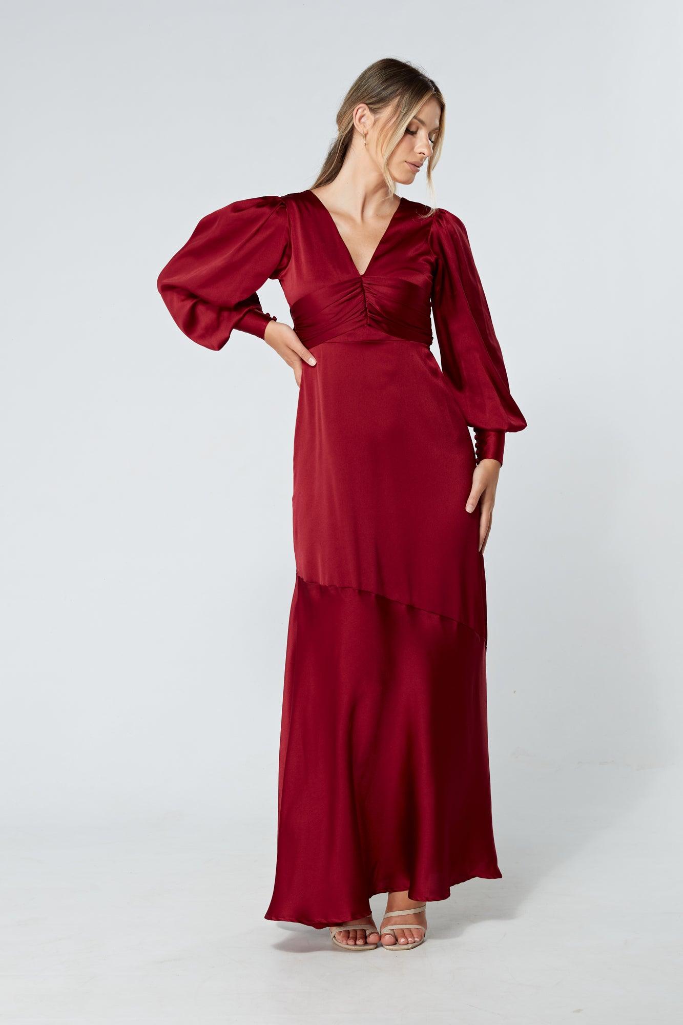 Naomi Deep Red Light Satin-Crepe Maxi Dress With Long Sleeves - TAHLIRA