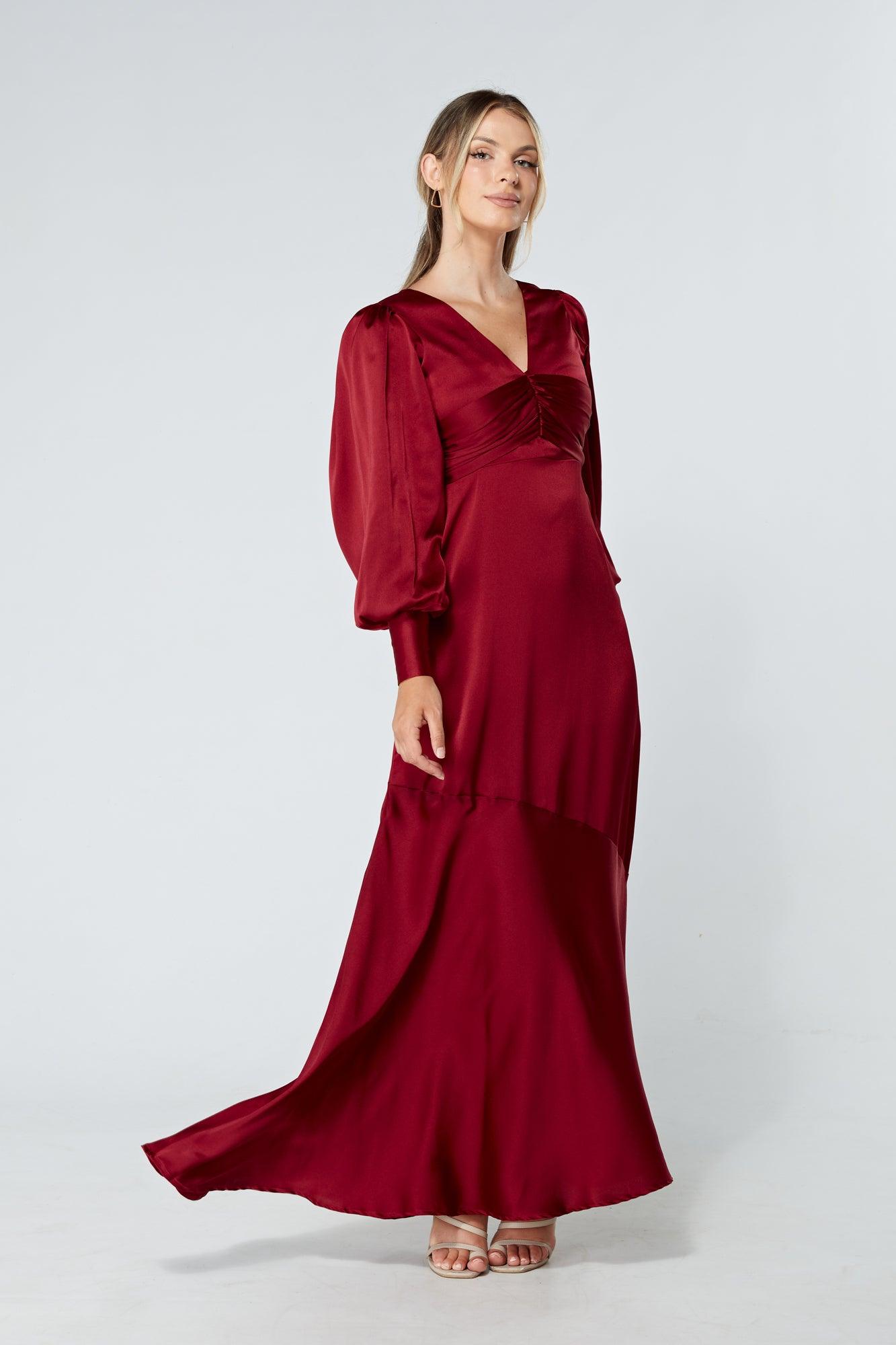 Naomi Deep Red Light Satin-Crepe Maxi Dress With Long Sleeves - TAHLIRA