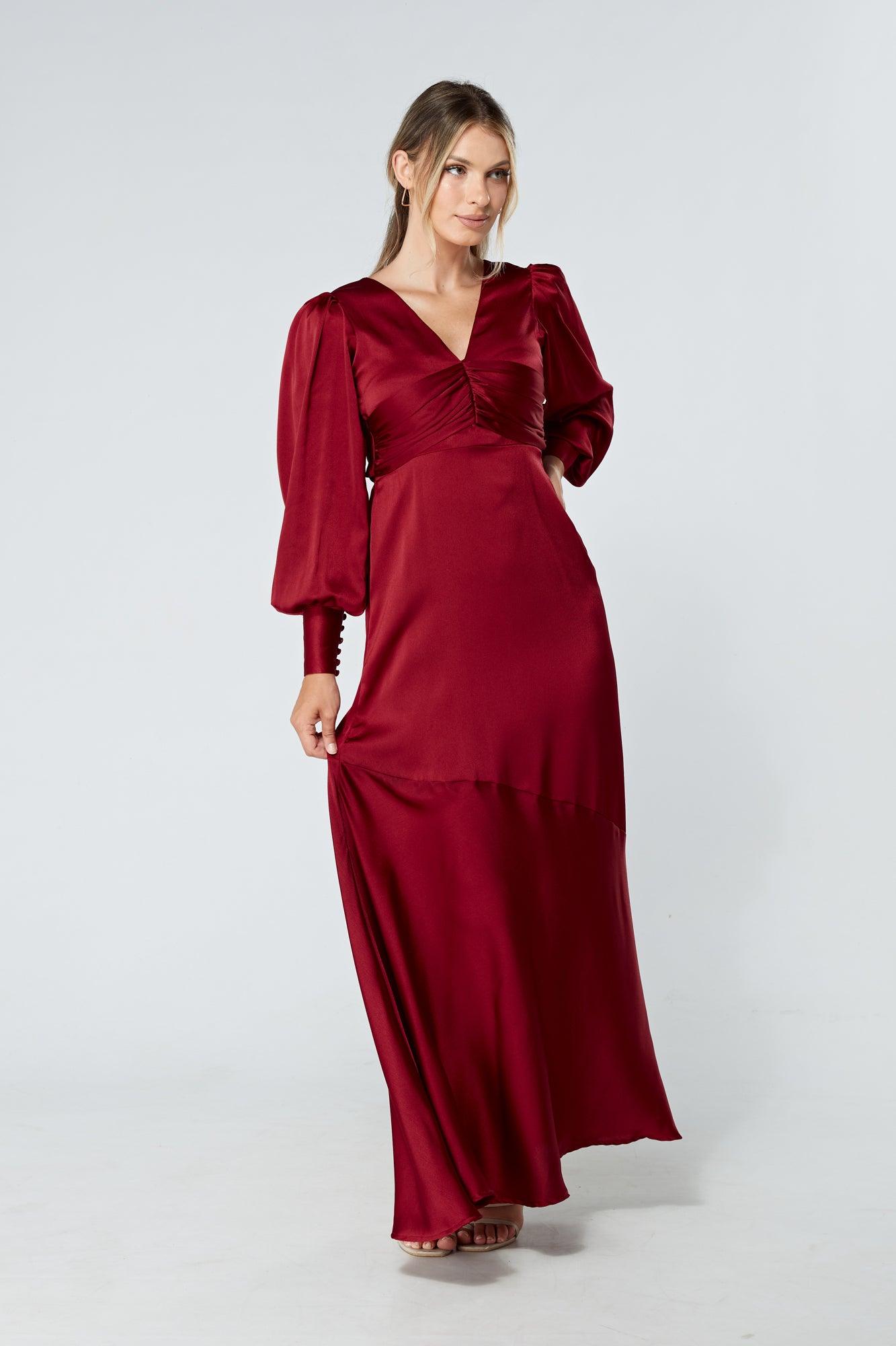 Naomi Deep Red Light Satin-Crepe Maxi Dress With Long Sleeves - TAHLIRA