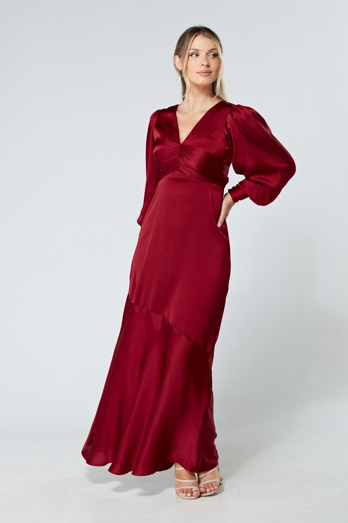 Naomi Deep Red Light Satin-Crepe Maxi Dress With Long Sleeves - TAHLIRA