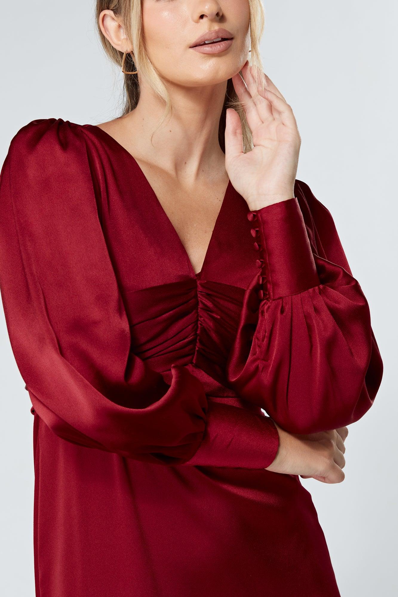 Naomi Deep Red Light Satin-Crepe Maxi Dress With Long Sleeves - TAHLIRA