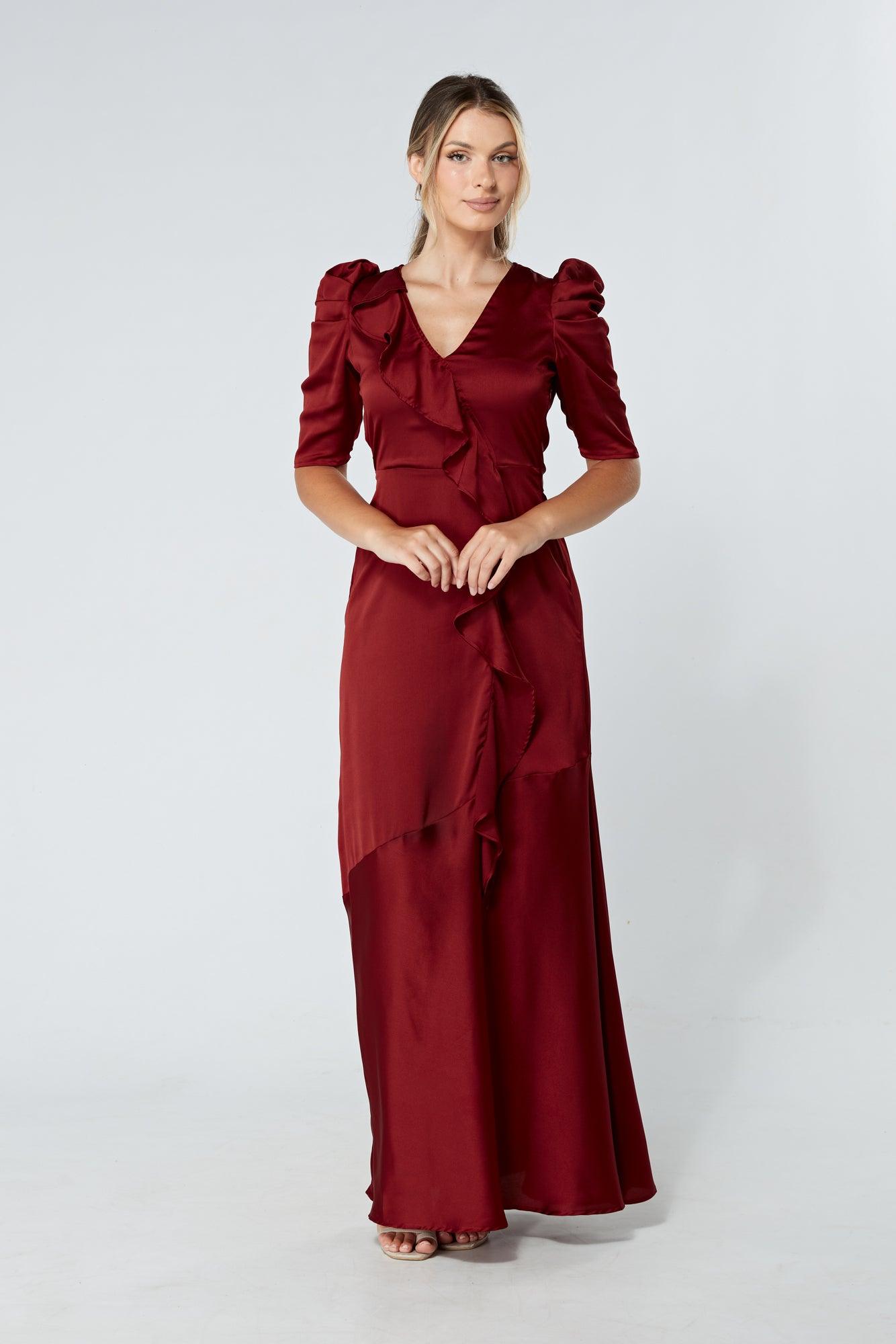 Daisy Copper Red Satin-Feel Crepe Maxi Dress With Ruched Sleeves - TAHLIRA