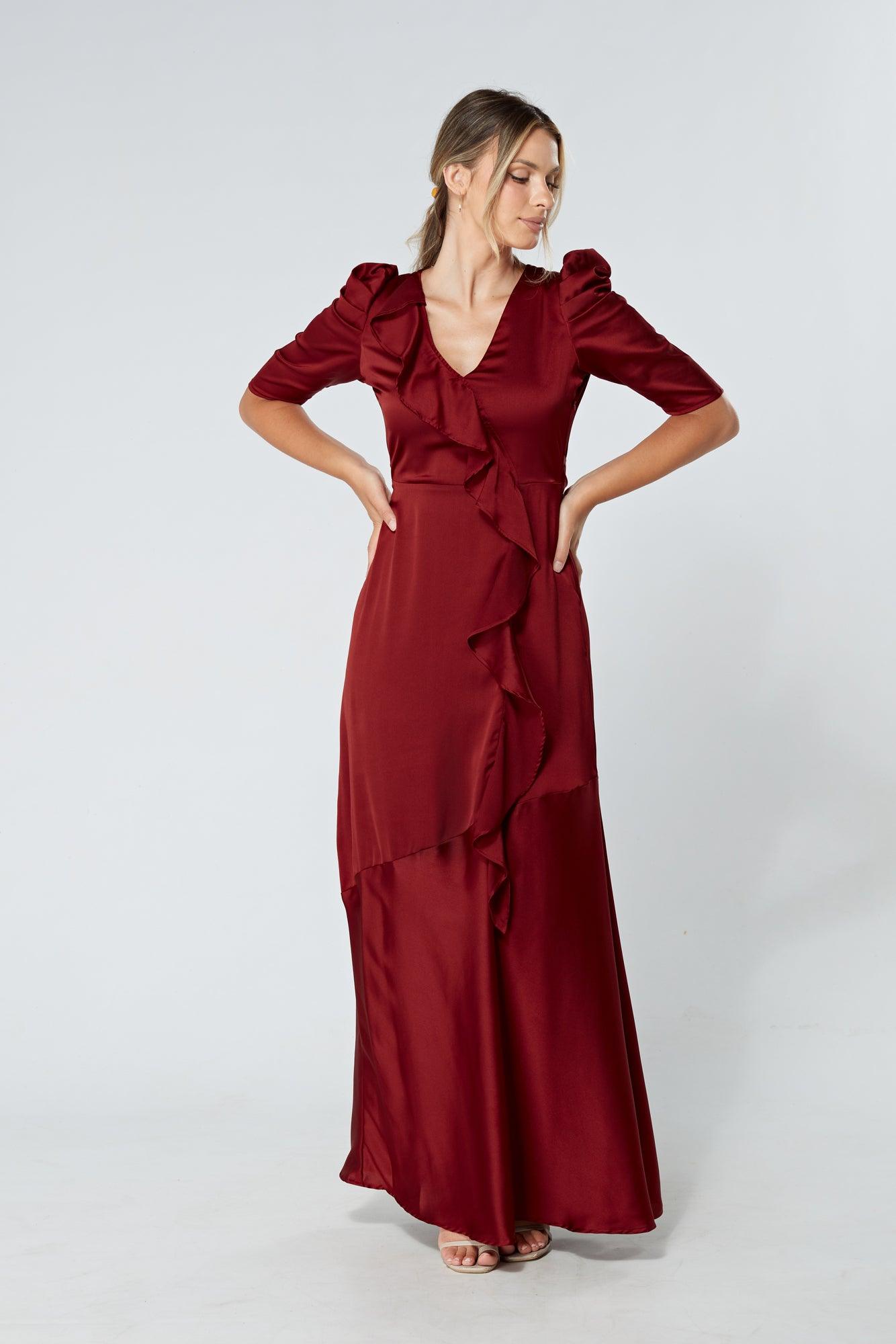 Daisy Copper Red Satin-Feel Crepe Maxi Dress With Ruched Sleeves - TAHLIRA