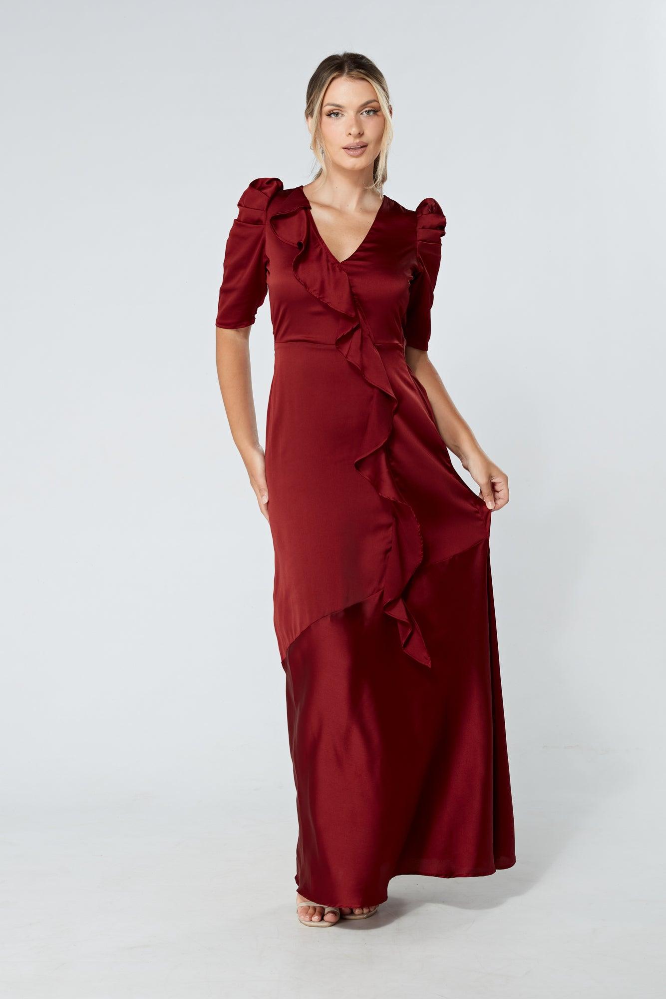 Daisy Copper Red Satin-Feel Crepe Maxi Dress With Ruched Sleeves - TAHLIRA