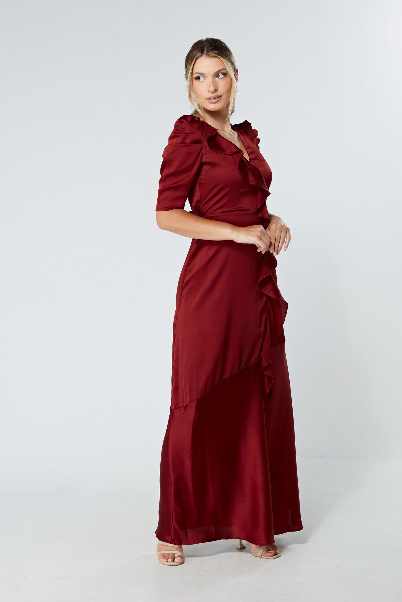 Daisy Copper Red Satin-Feel Crepe Maxi Dress With Ruched Sleeves - TAHLIRA