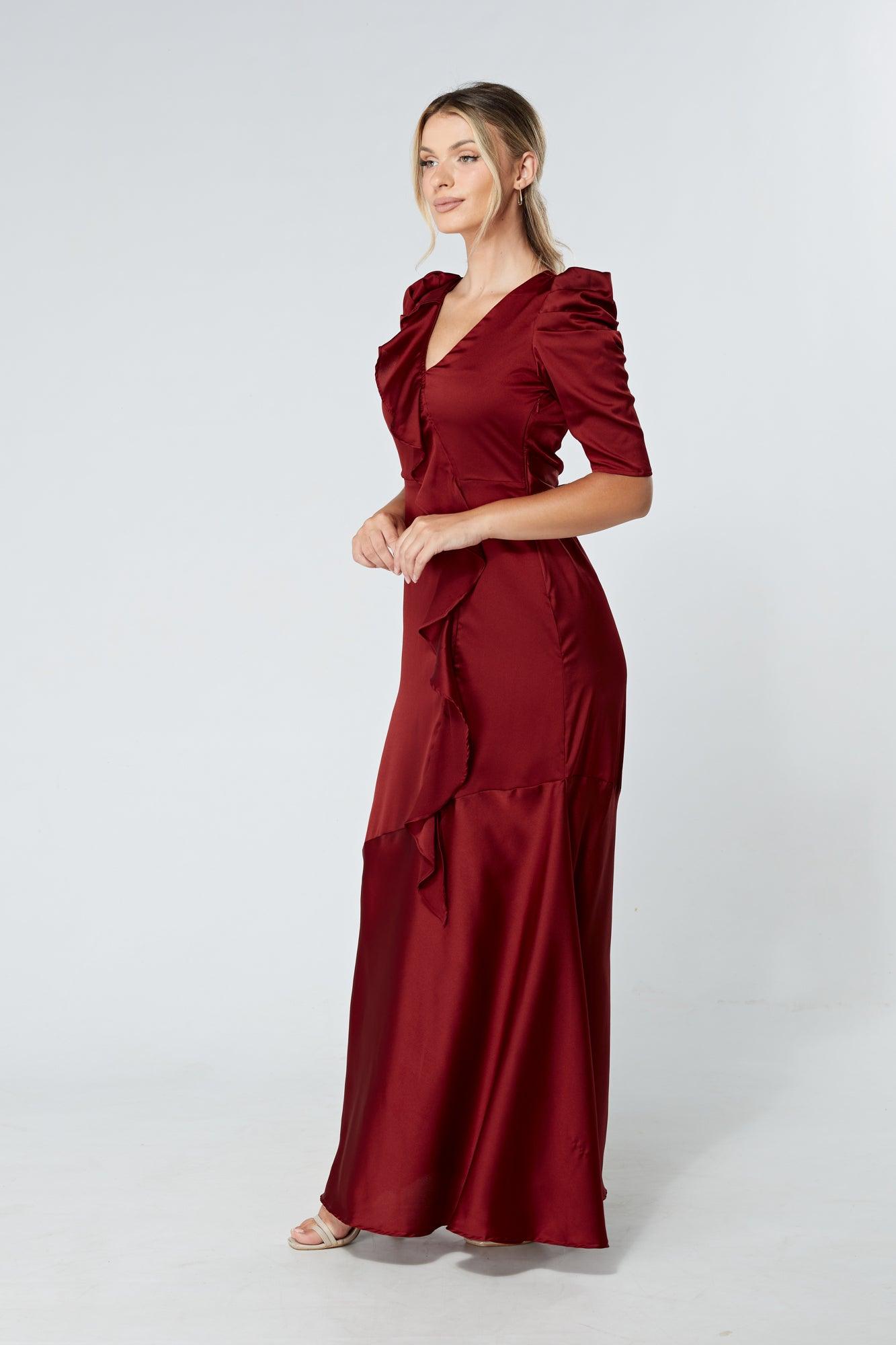 Daisy Copper Red Satin-Feel Crepe Maxi Dress With Ruched Sleeves - TAHLIRA