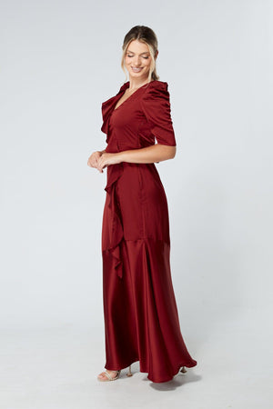 Daisy Copper Red Satin-Feel Crepe Maxi Dress With Ruched Sleeves - TAHLIRA