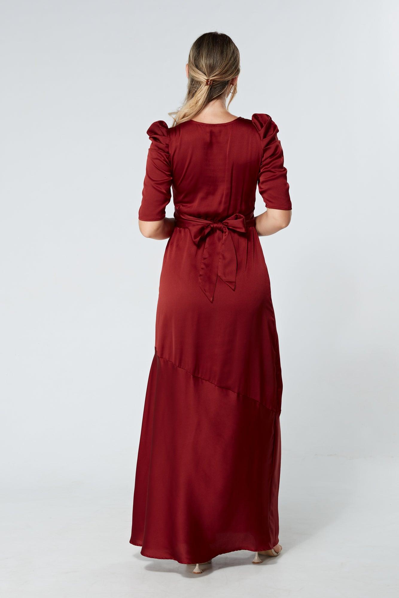 Daisy Copper Red Satin-Feel Crepe Maxi Dress With Ruched Sleeves - TAHLIRA