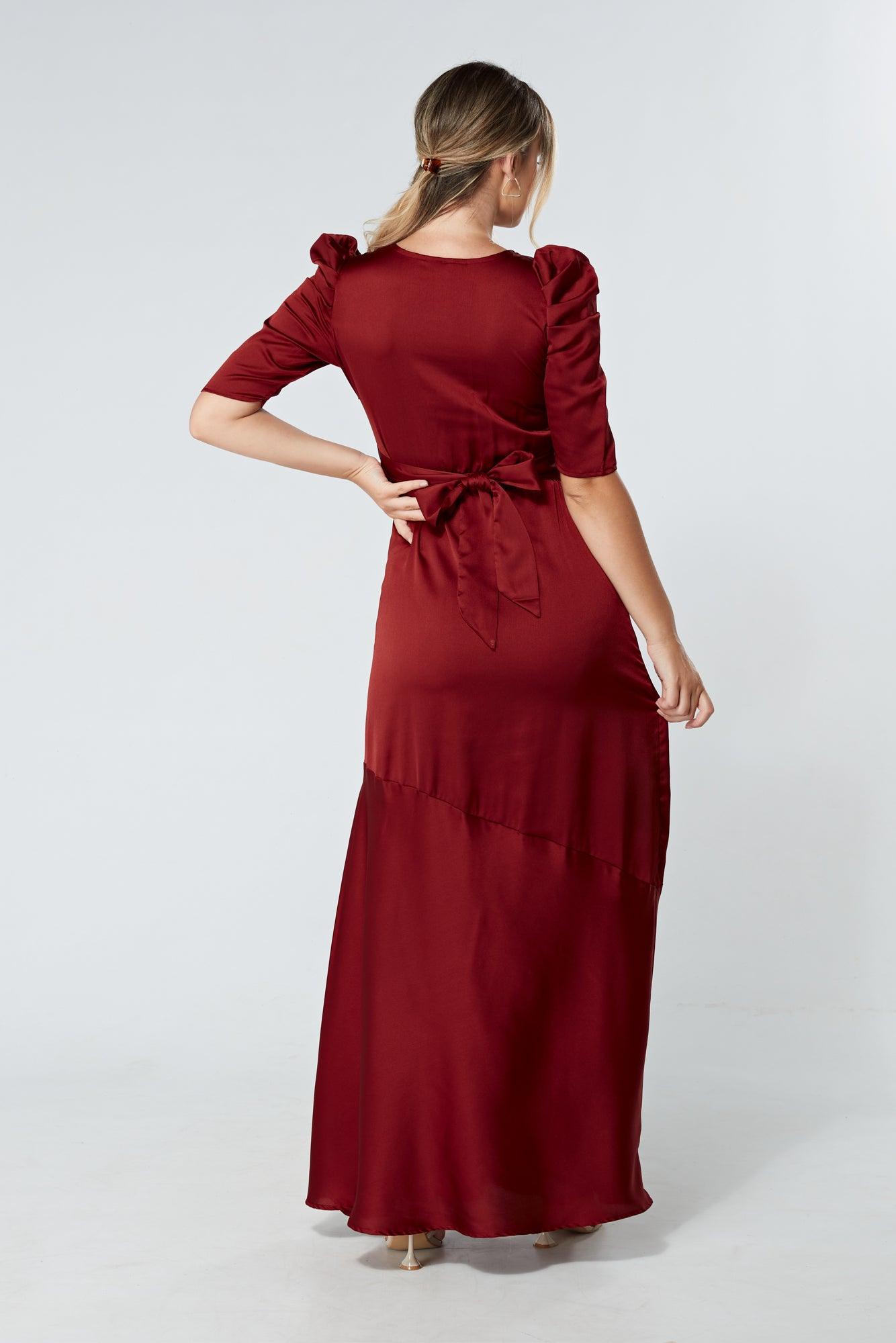 Daisy Copper Red Satin-Feel Crepe Maxi Dress With Ruched Sleeves - TAHLIRA