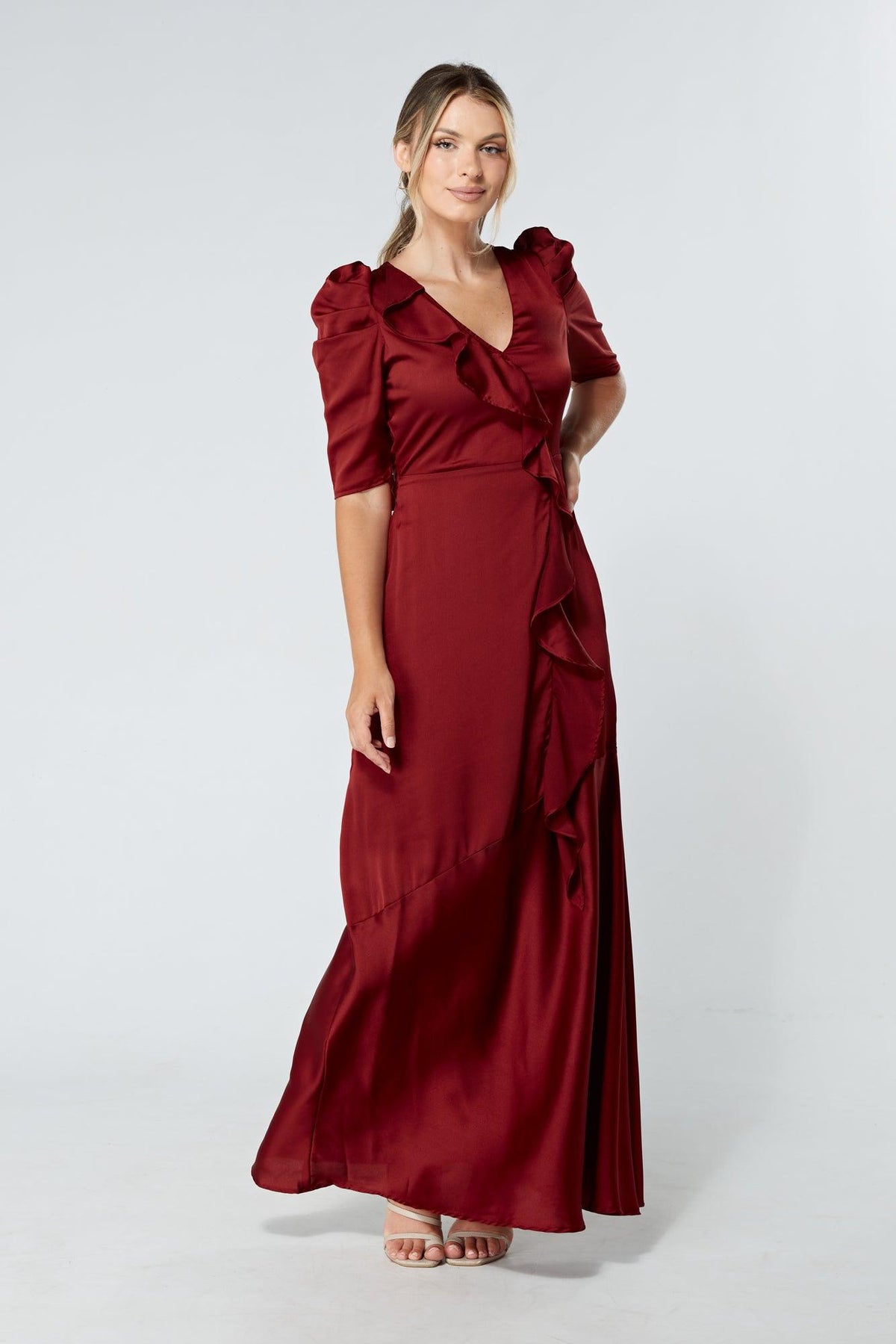 Daisy Copper Red Satin-Feel Crepe Maxi Dress With Ruched Sleeves - TAHLIRA