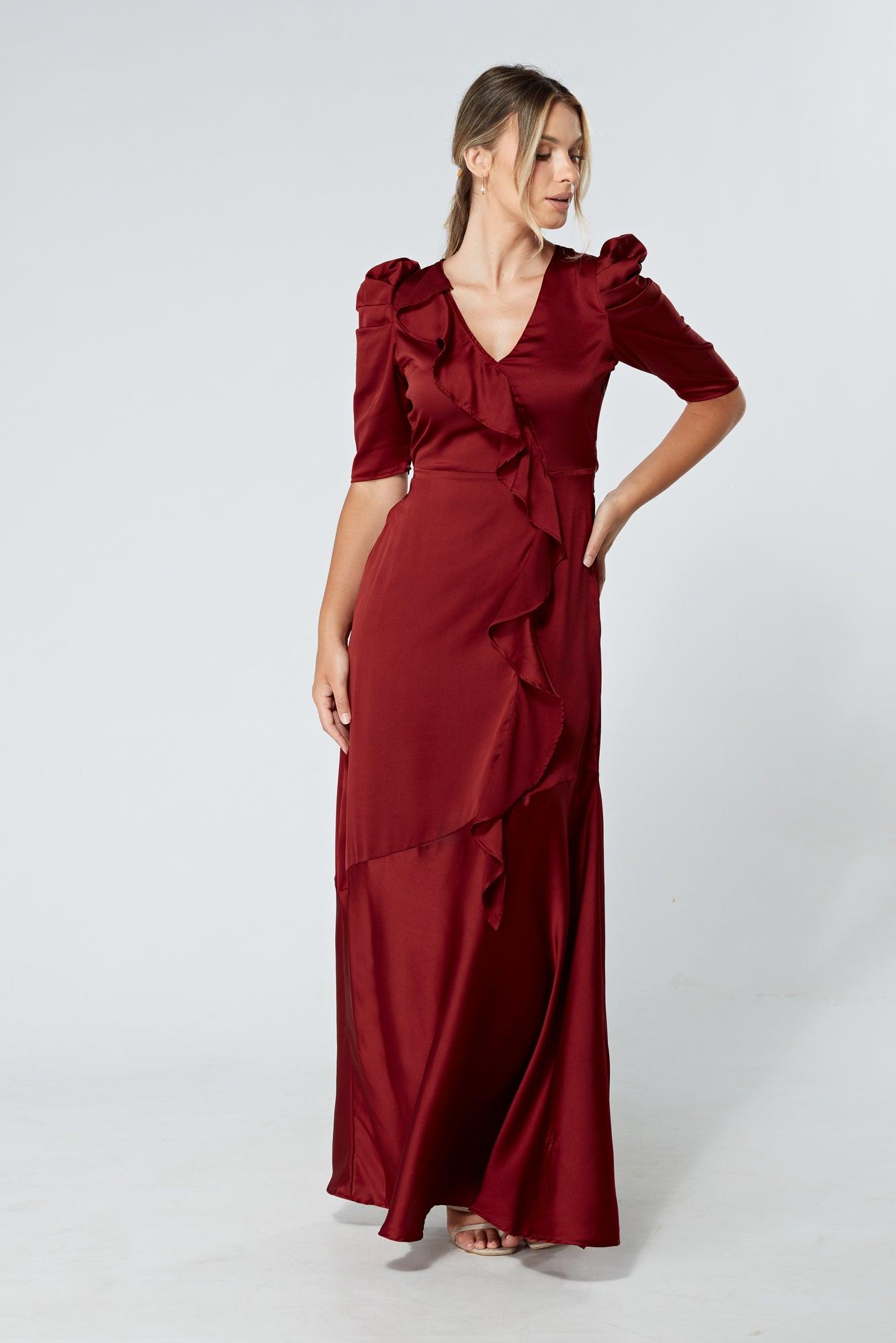 Daisy Copper Red Satin-Feel Crepe Maxi Dress With Ruched Sleeves - TAHLIRA