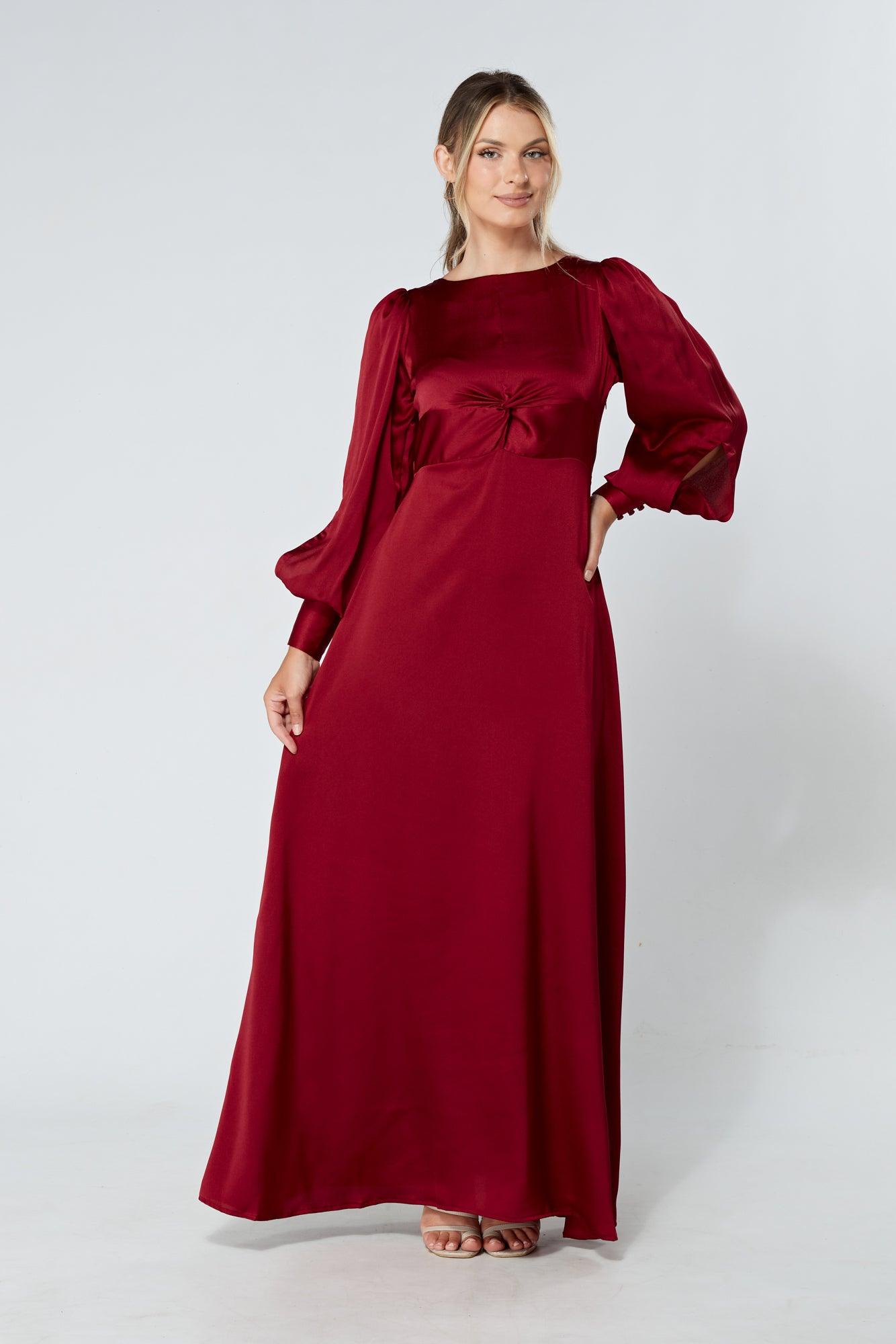 Lila Deep Red Knotted Front Soft Crepe Maxi Dress - TAHLIRA