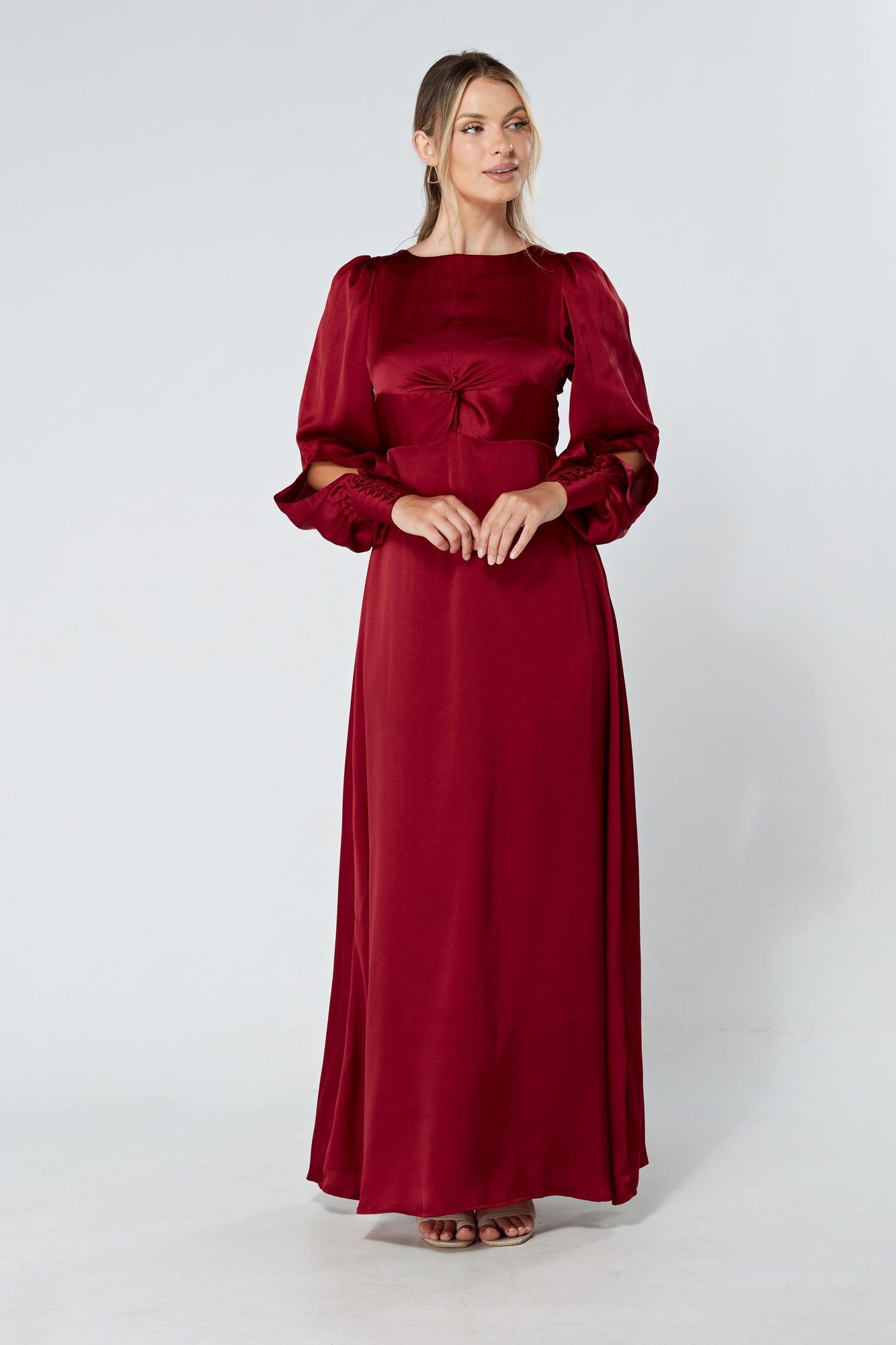 Lila Deep Red Knotted Front Soft Crepe Maxi Dress - TAHLIRA