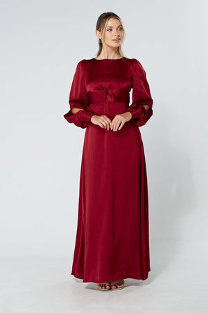 Lila Deep Red Knotted Front Soft Crepe Maxi Dress - TAHLIRA