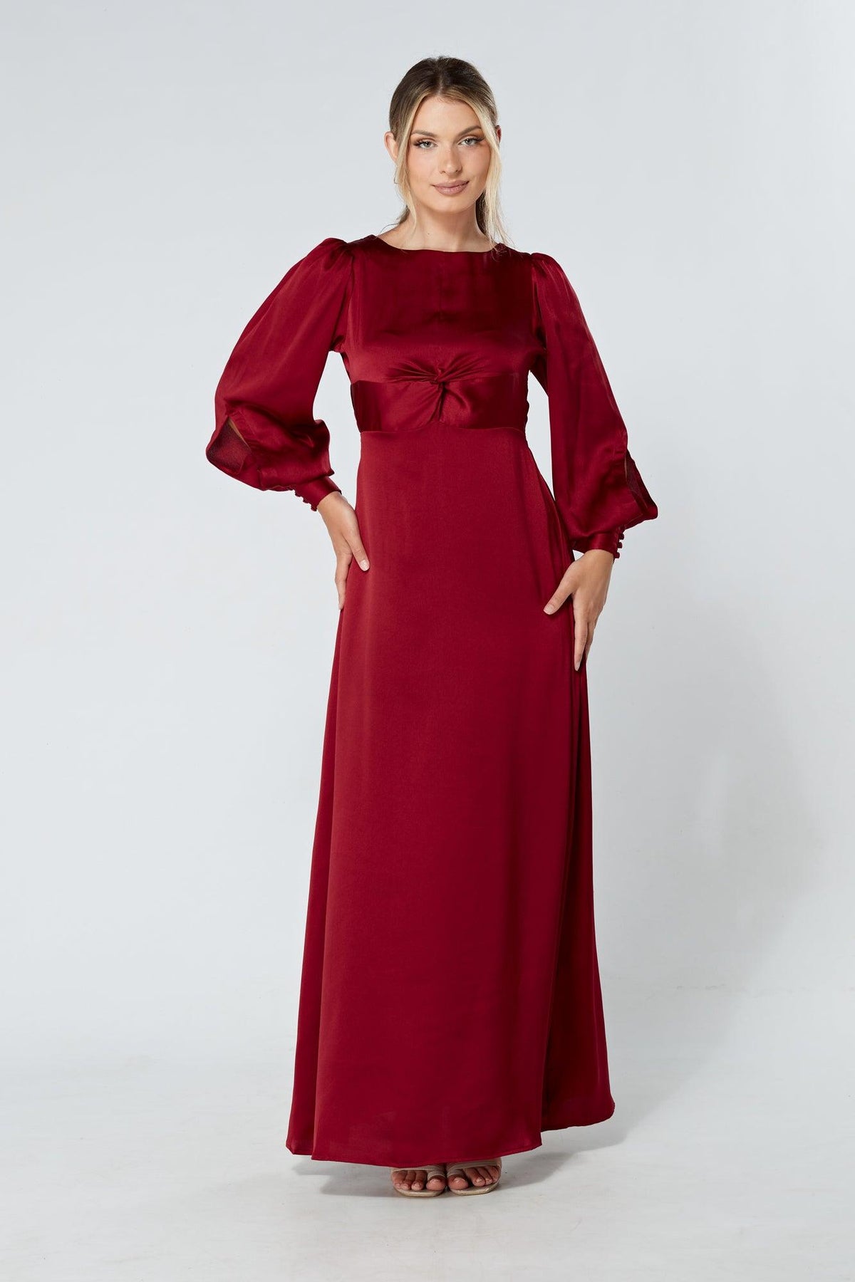 Lila Deep Red Knotted Front Soft Crepe Maxi Dress - TAHLIRA