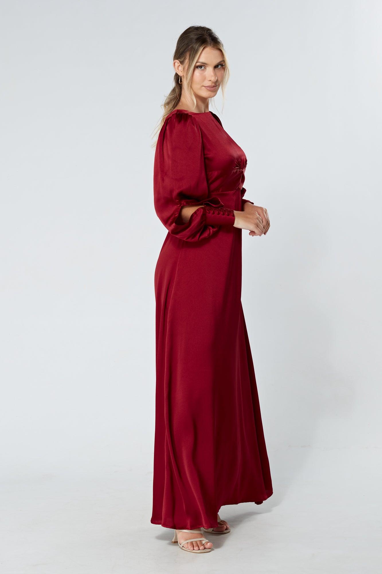 Lila Deep Red Knotted Front Soft Crepe Maxi Dress - TAHLIRA