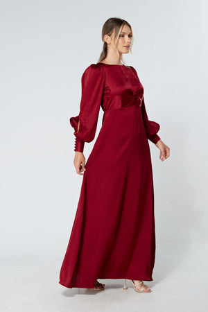 Lila Deep Red Knotted Front Soft Crepe Maxi Dress - TAHLIRA
