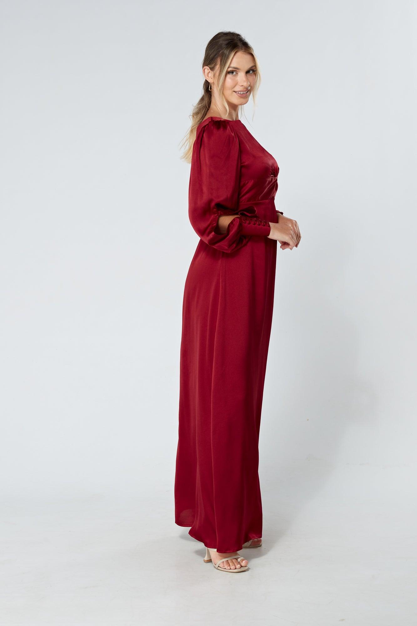 Lila Deep Red Knotted Front Soft Crepe Maxi Dress - TAHLIRA