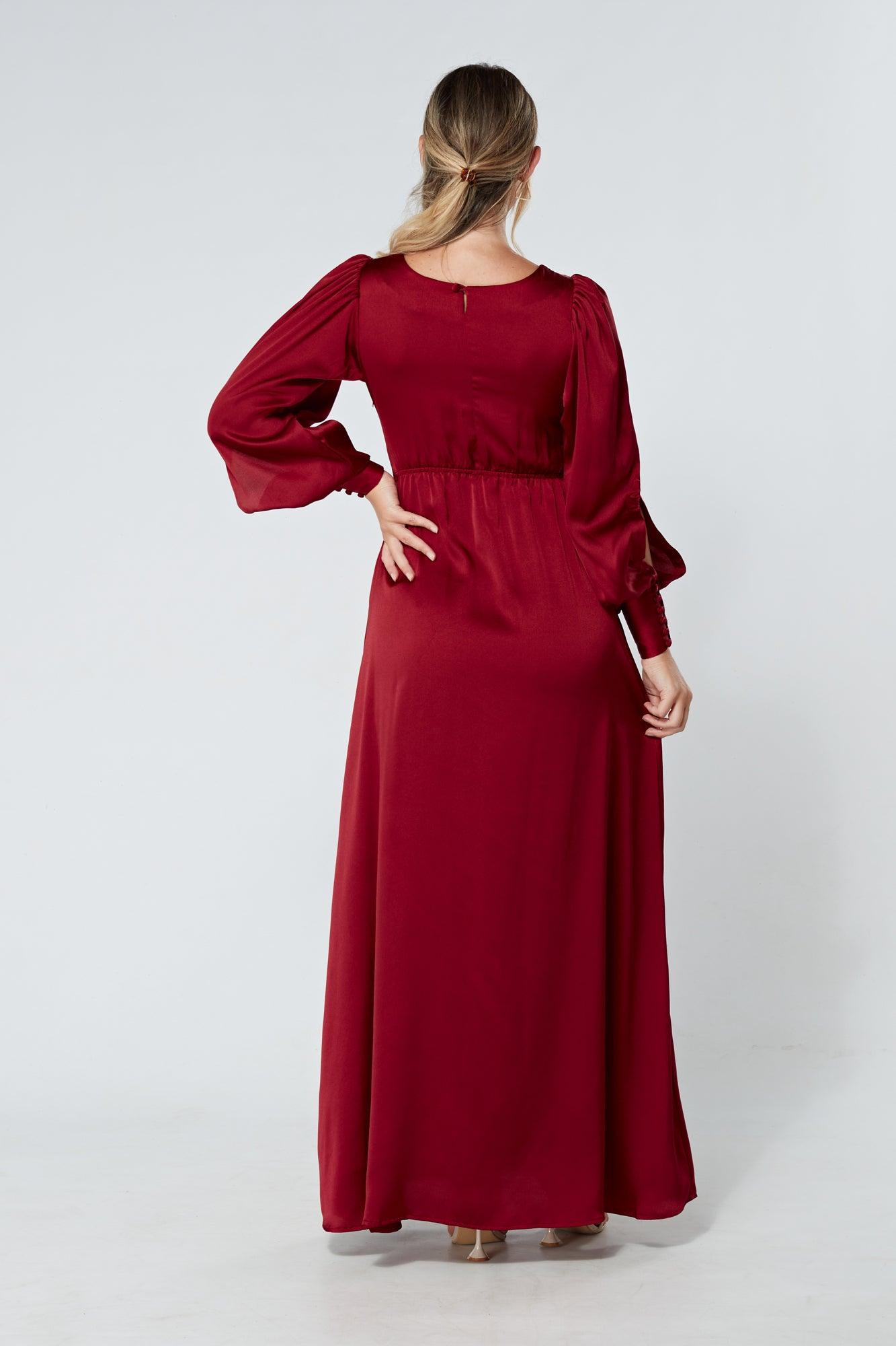 Lila Deep Red Knotted Front Soft Crepe Maxi Dress - TAHLIRA