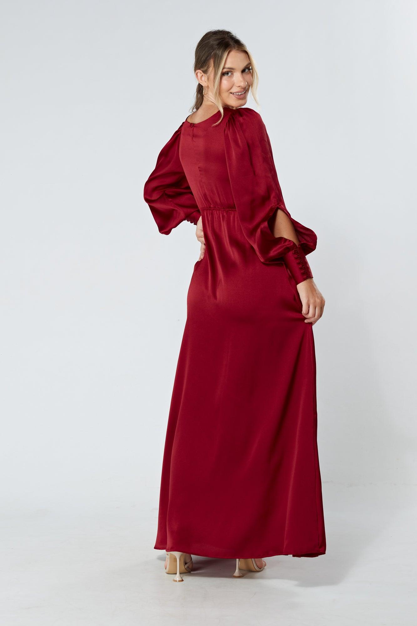 Lila Deep Red Knotted Front Soft Crepe Maxi Dress - TAHLIRA