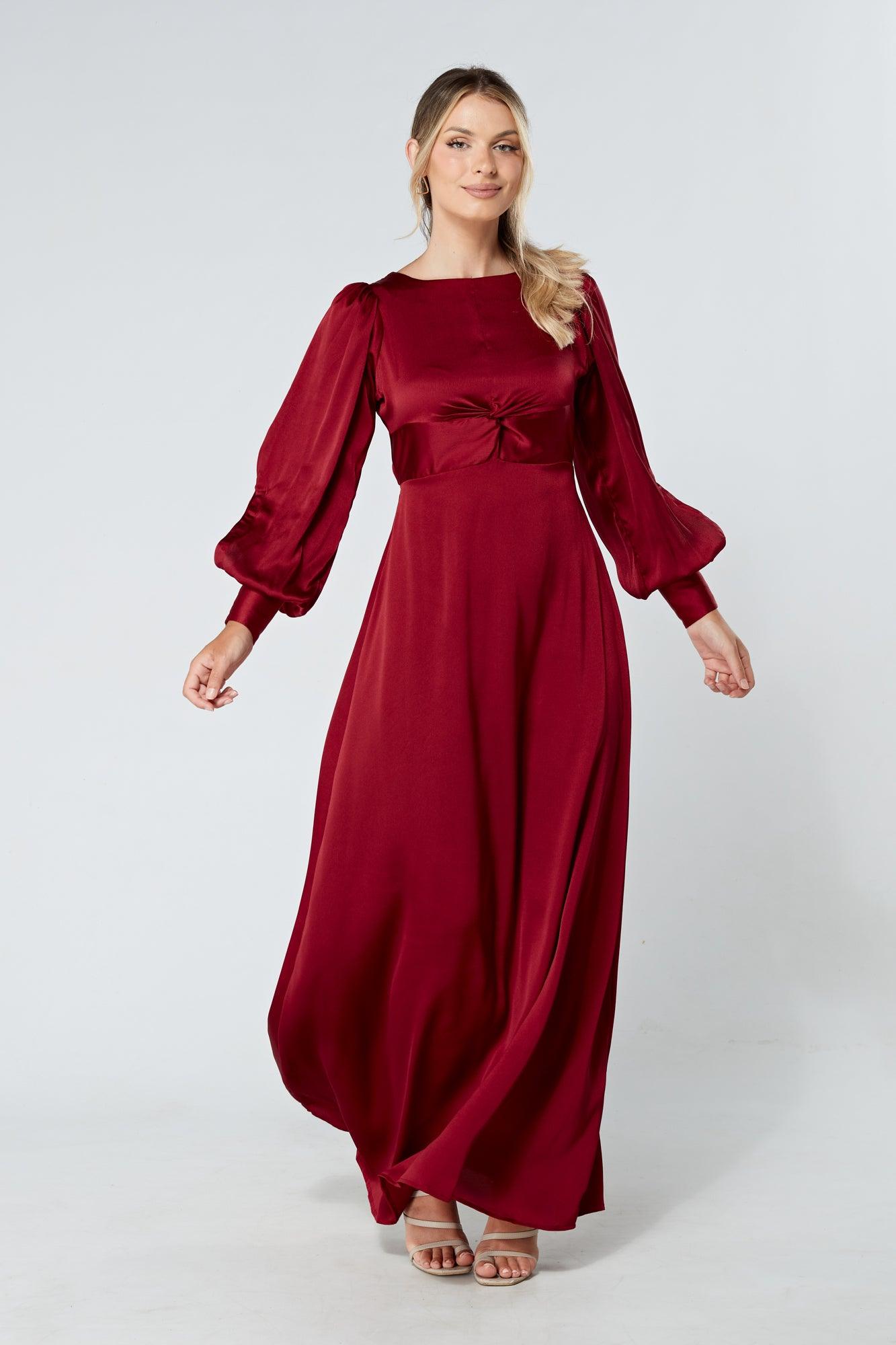 Lila Deep Red Knotted Front Soft Crepe Maxi Dress - TAHLIRA