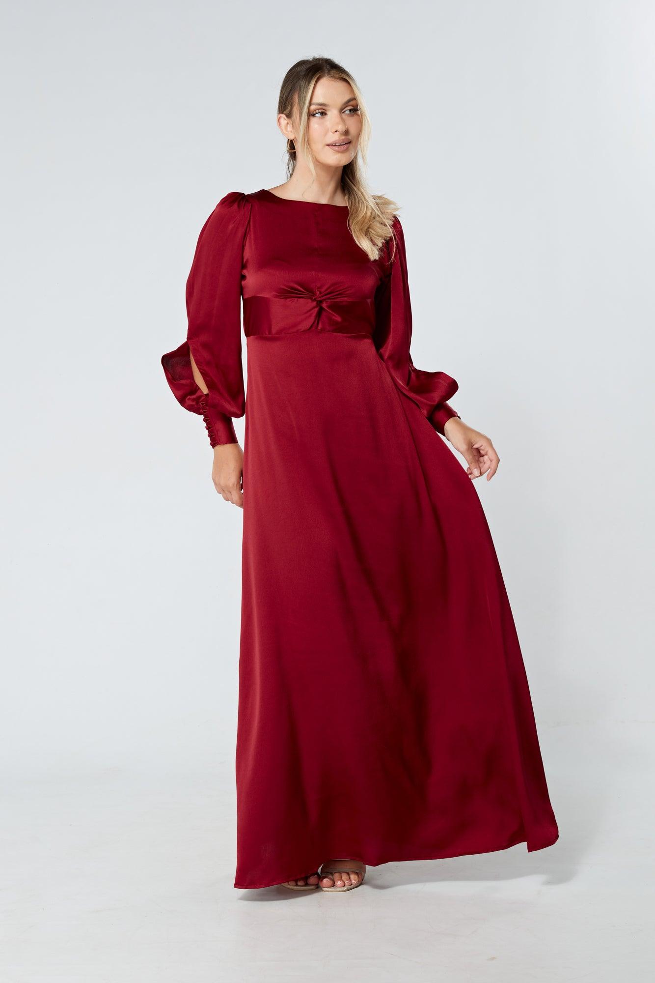 Lila Deep Red Knotted Front Soft Crepe Maxi Dress - TAHLIRA