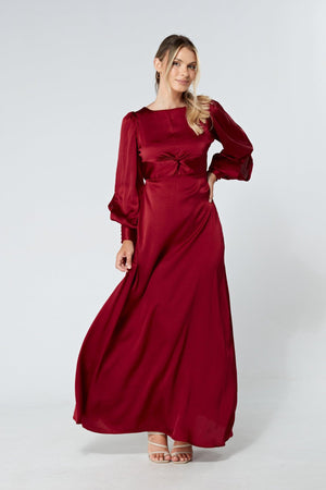 Lila Deep Red Knotted Front Soft Crepe Maxi Dress - TAHLIRA