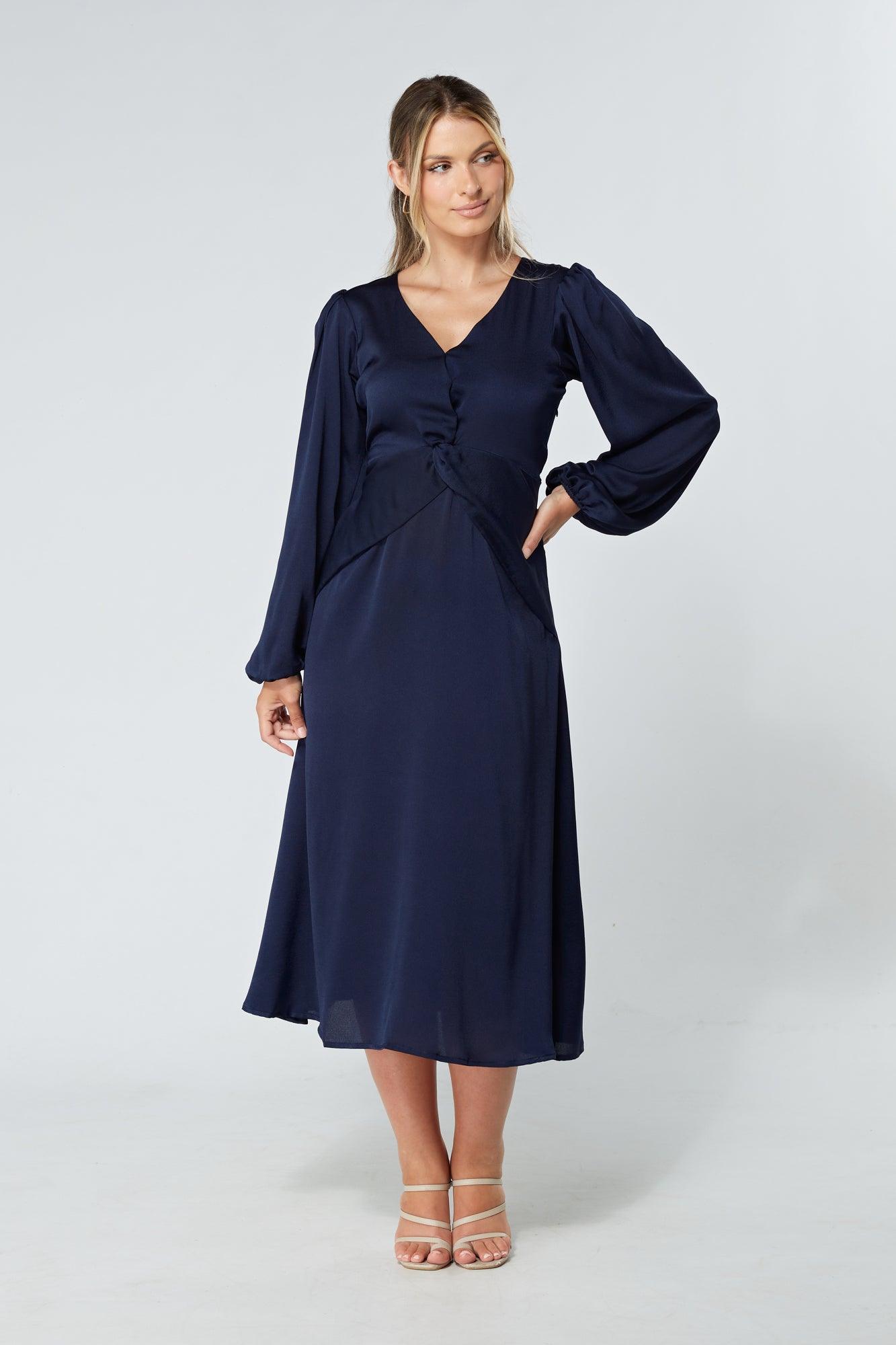 Calissa Navy Satin-feel Folded Body Midaxi Dress - TAHLIRA